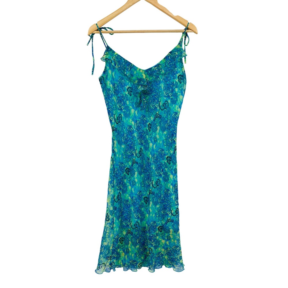 Vintage Y2K Midi Dress Women Medium Blue Green Floral Ruffle Tie Shoulder